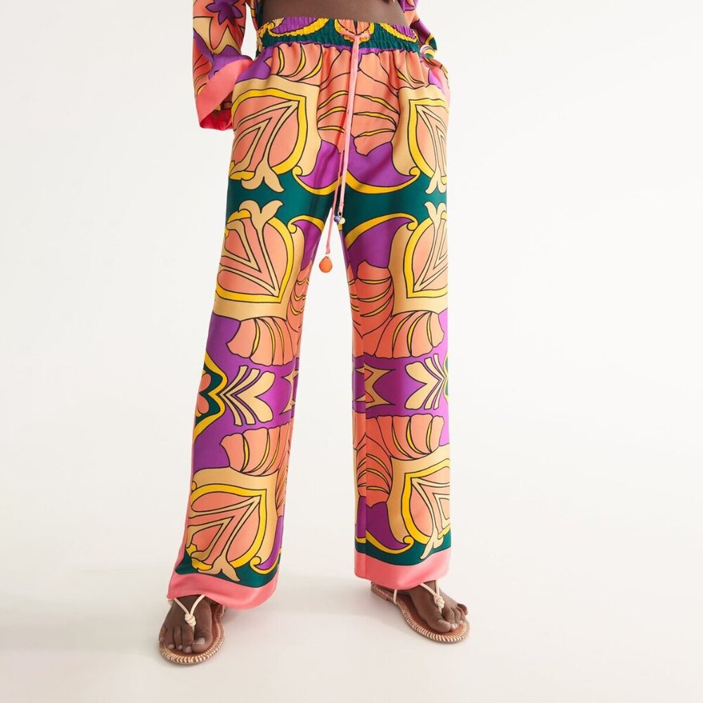 ZARA Woman Patterned Pajama-Style Satin-Look Wide Leg Pants Size XXL